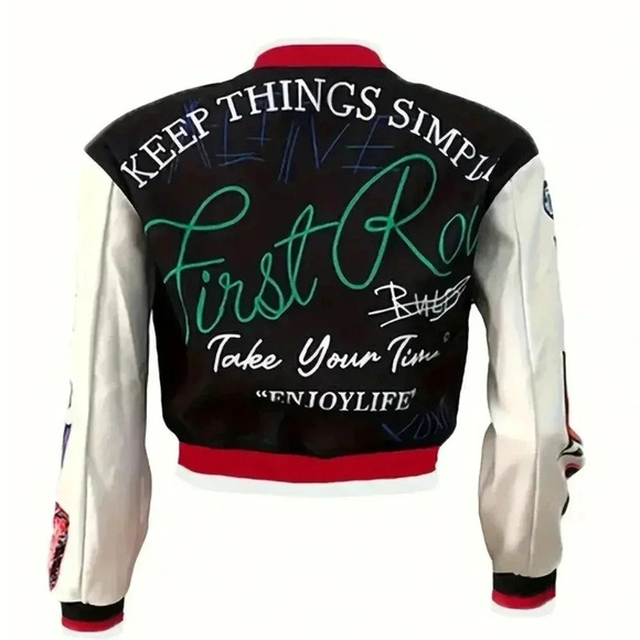 Letter Pattern Button Front Bomber Cropped Jacket - Picture 3 of 4
